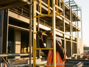 Bouwvakker klimt veiligheidsladder op steigerwerk, draagt oranje veiligheidsvest en witte helm bij zonsondergang