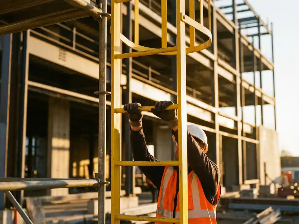 Bouwvakker klimt veiligheidsladder op steigerwerk, draagt oranje veiligheidsvest en witte helm bij zonsondergang