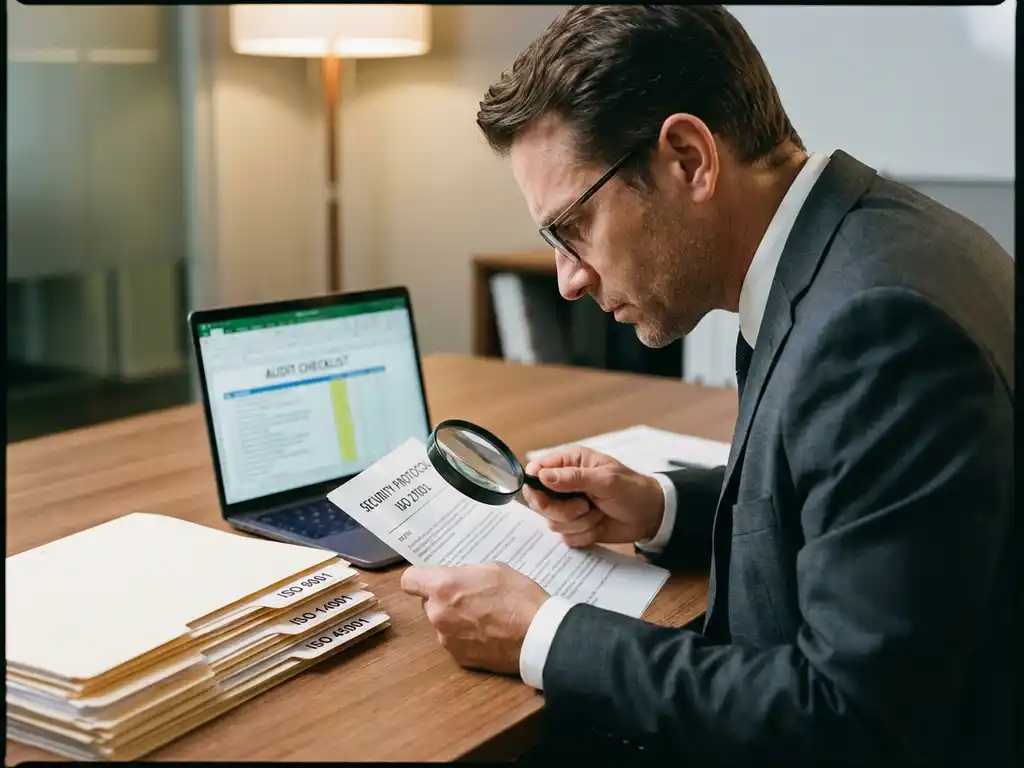 Professionele auditor onderzoekt nauwkeurig compliance documenten met vergrootglas aan modern bureau met ISO certificaten