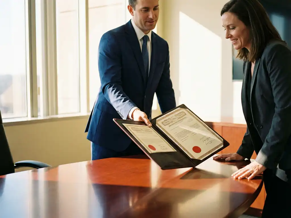 Zakelijke professional overhandigt leren beveiligingscertificatiemap aan klant tijdens vergadering in modern kantoor