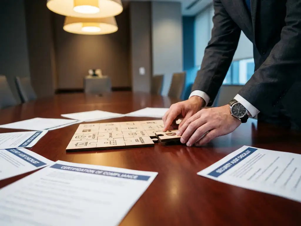 Handen plaatsen laatste puzzelstuk van beveiligingsprocessen op conferentietafel met compliance documenten