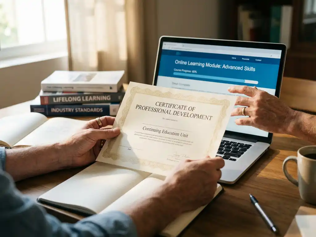 Handen houden certificaat vast terwijl ze laptop met online leerplatform bedienen, studiematerialen op bureau