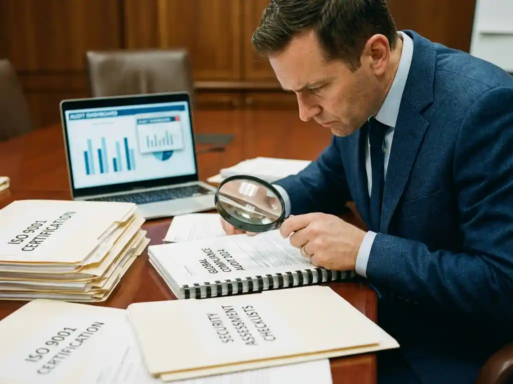 Zakelijke consultant in marineblauw pak onderzoekt nalevingsdocument met vergrootglas op conferentietafel