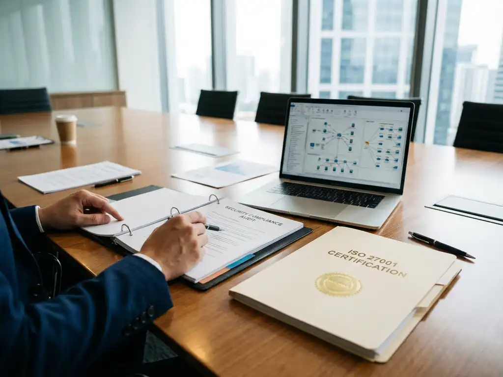 Professionele consultant in marineblauw pak bekijkt beveiligingscompliance documenten aan vergadertafel in modern kantoor