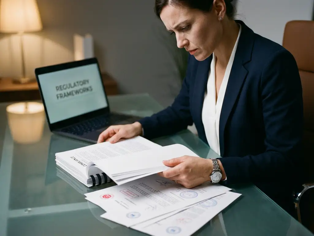 Zakenvrouw in donker pak bestudeert compliance documenten met certificeringsstempels op modern glazen bureau
