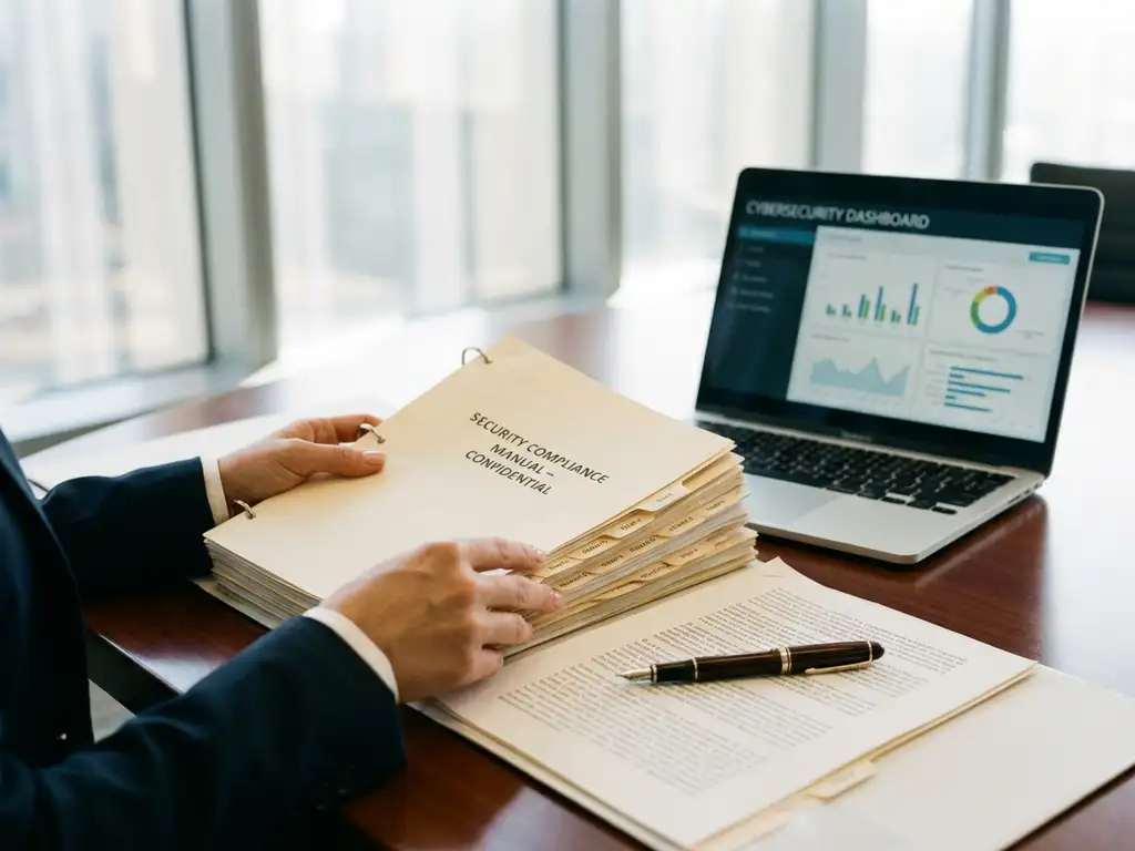 Zakelijke handen houden beveiligingscompliancemap vast met laptop met dashboardgegevens op mahonie conferentietafel