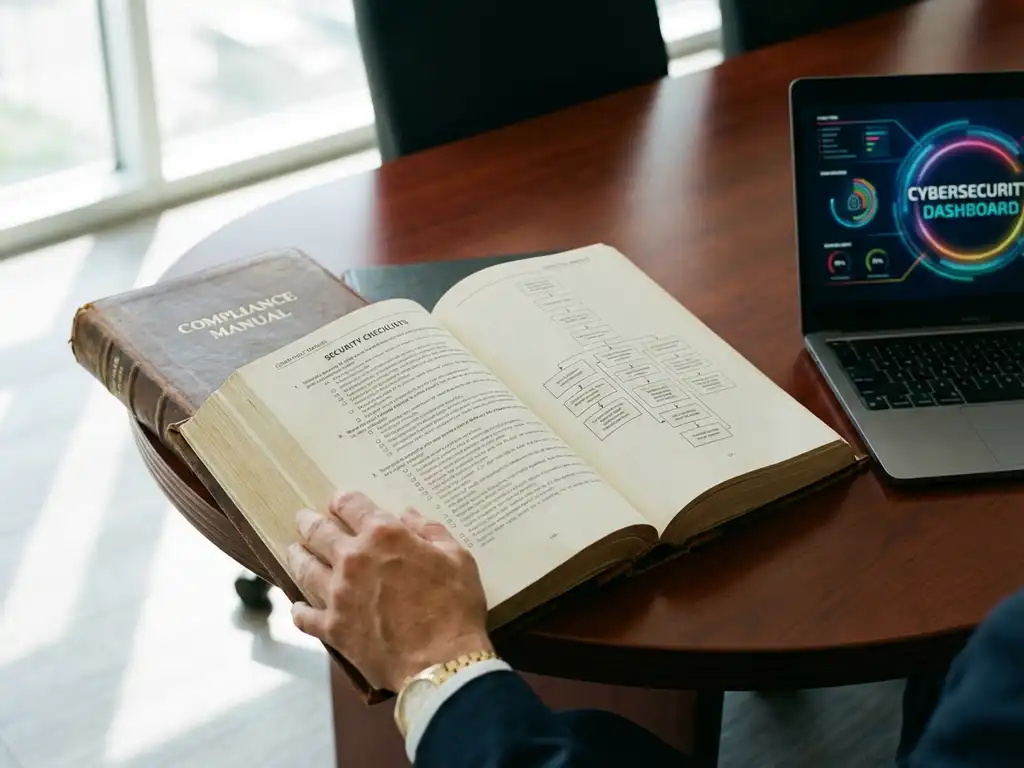 Zakenhand houdt open nalevingshandboek met beveiligingschecklists op vergadertafel naast laptop met cybersecurity dashboards