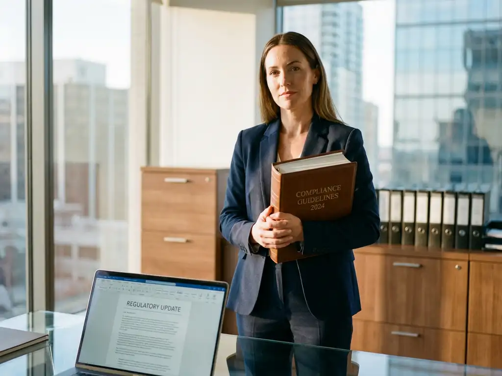 Professionele zakenvrouw in marineblauw pak houdt compliance handboek vast aan modern glazen bureau met laptop
