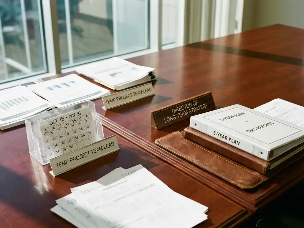 Conferentietafel met twee werkplekken: tijdelijke opstelling met agenda en permanente met leren portfolio, kwaliteitsrapporten