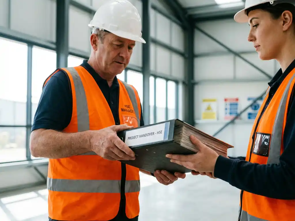 HSE-manager draagt dikke projectmap over aan opvolger in moderne industriële faciliteit met veiligheidsuitrusting