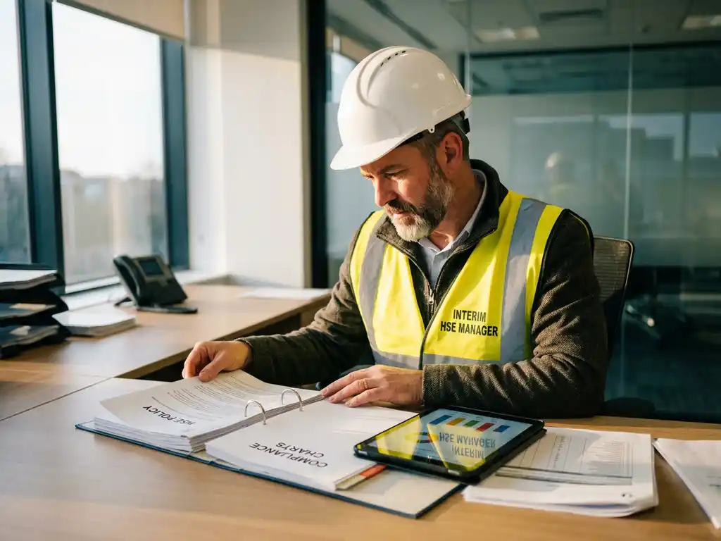 Professionele interim HSE manager in witte helm en veiligheidsvest bekijkt veiligheidsdocumenten op modern bureau