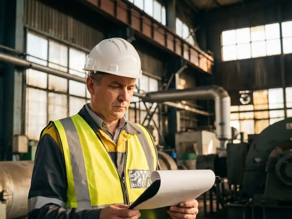HSE-manager in witte veiligheidshelm en hesje controleert veiligheidsdocumenten in industriële faciliteit