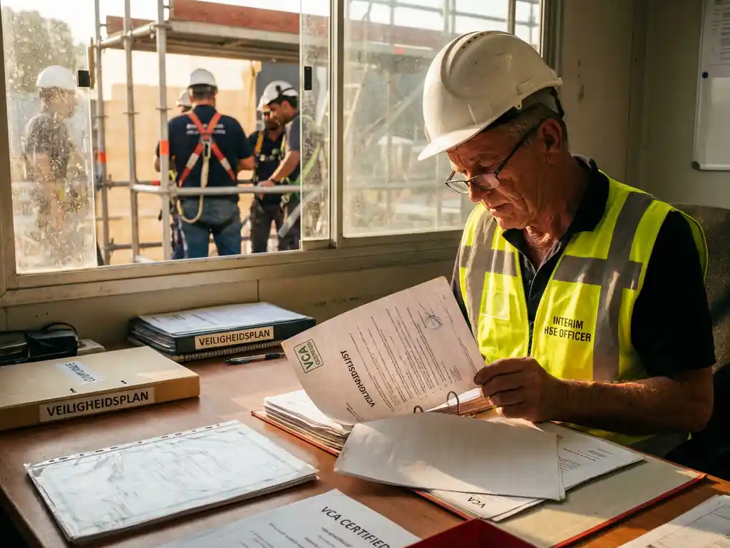 HSE-functionaris in witte helm en hesje controleert VCA-certificaten op bouwplaats kantoor met veiligheidsdocumenten