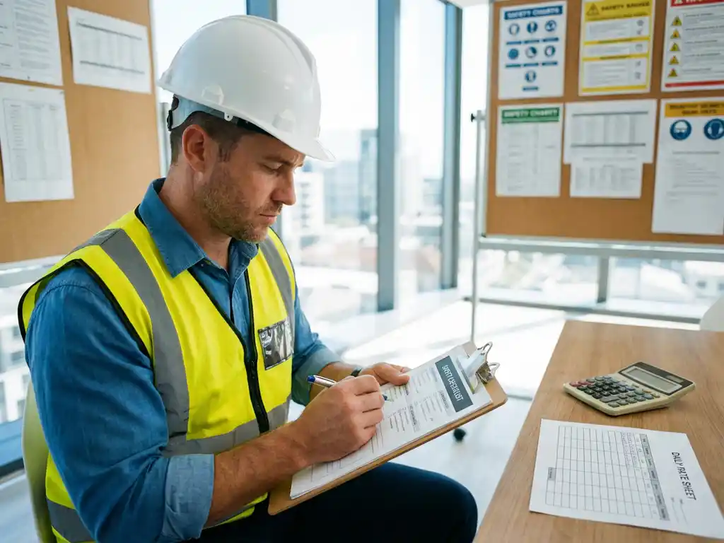 HSE-medewerker in witte helm en veiligheidsvest bestudeert veiligheidsdocumenten op klembord in modern kantoor
