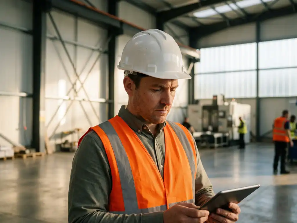 HSE-medewerker in witte helm en veiligheidsvest controleert documentatie op tablet in moderne industriële faciliteit