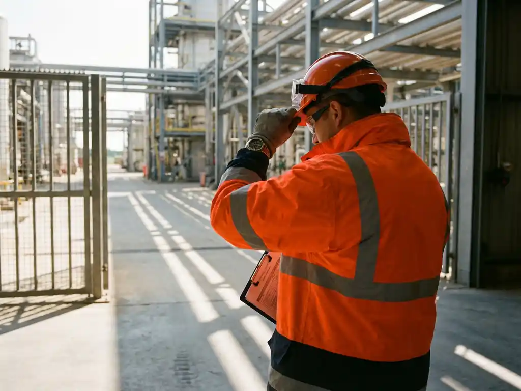 HSE-functionaris in veiligheidsuitrusting controleert zijn horloge terwijl hij industriële faciliteit betreedt met klembord