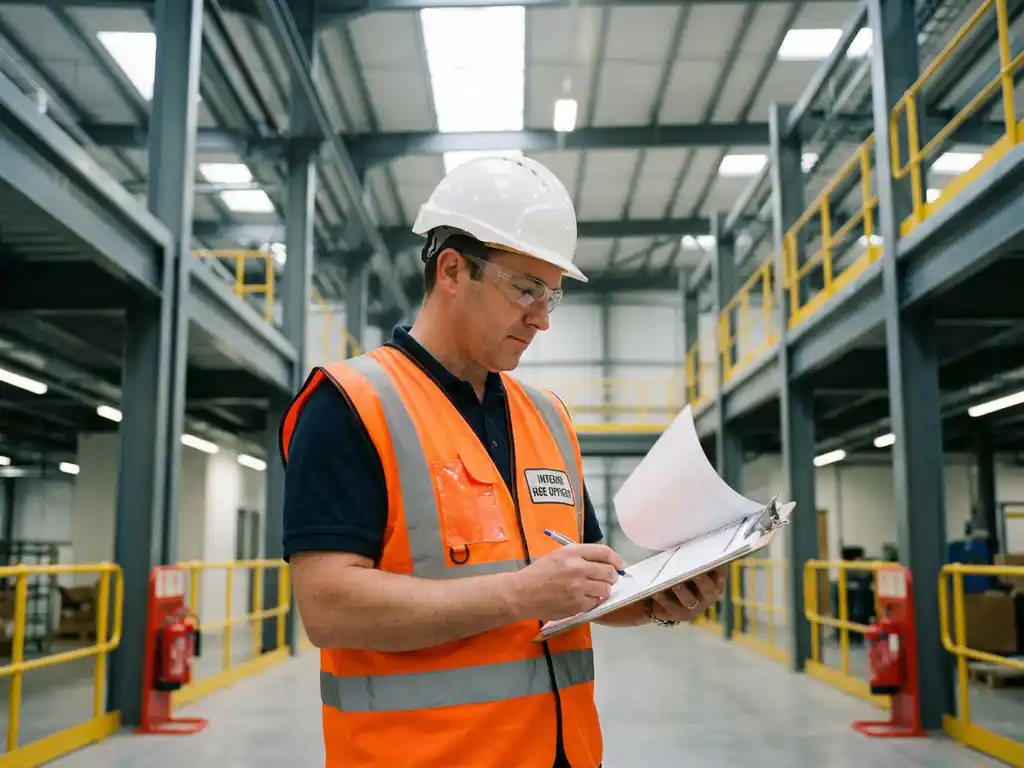 HSE-functionaris in veiligheidsvest en helm controleert veiligheidsdocumentatie in moderne industriële faciliteit