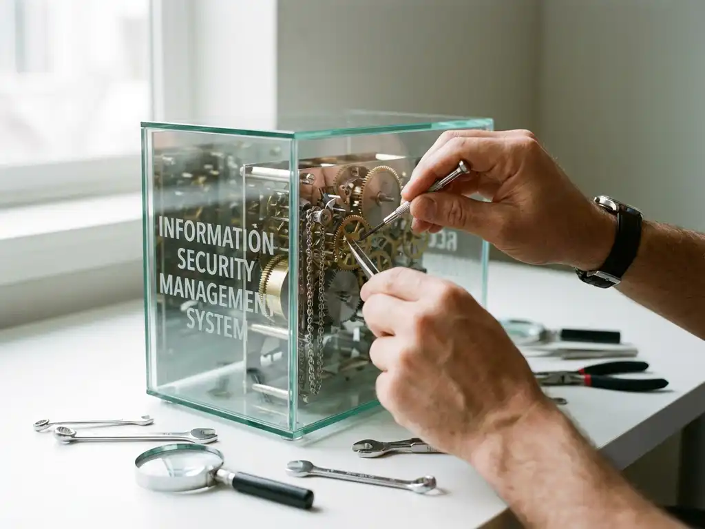 Professionele handen die mechanische tandwielen aanpassen in transparant informatiebeveiliging systeem op bureau