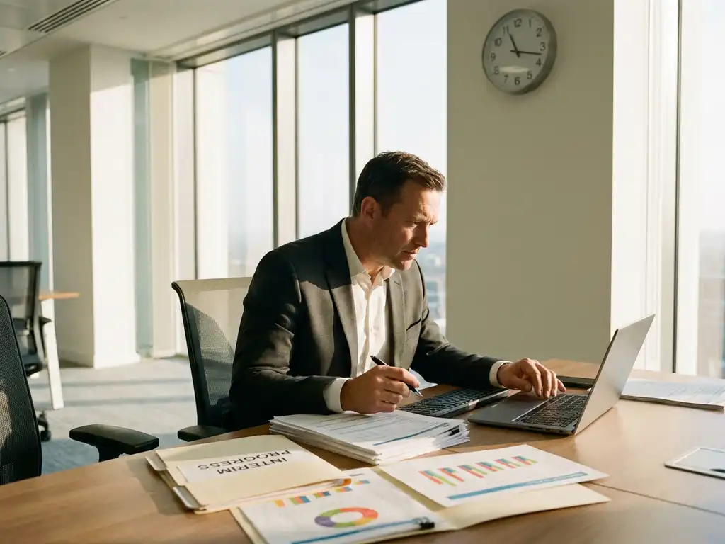 Professionele interim consultant in pak werkt geconcentreerd aan bureau met laptop, documenten en grafieken