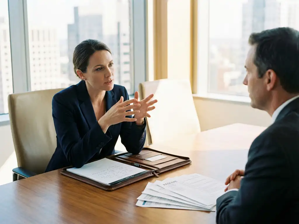 Zakenvrouw interviewt interim consultant aan vergadertafel met documenten en portfolio in modern kantoor