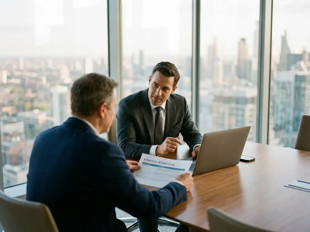 Professionele interim consultant in gesprek met directeur aan vergadertafel in modern kantoor met stadsgezicht