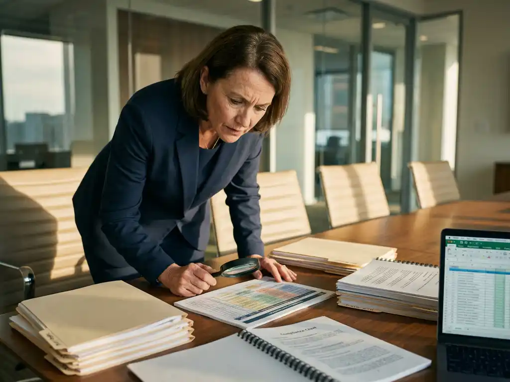 Interim coördinator in pak onderzoekt compliance documenten met vergrootglas aan conferentietafel in kantooromgeving