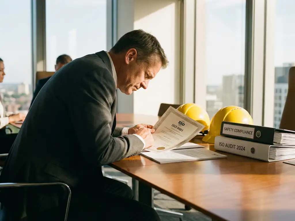 Interim manager bestudeert ISO-certificaat aan vergadertafel met veiligheidshelmen en compliance mappen in modern kantoor