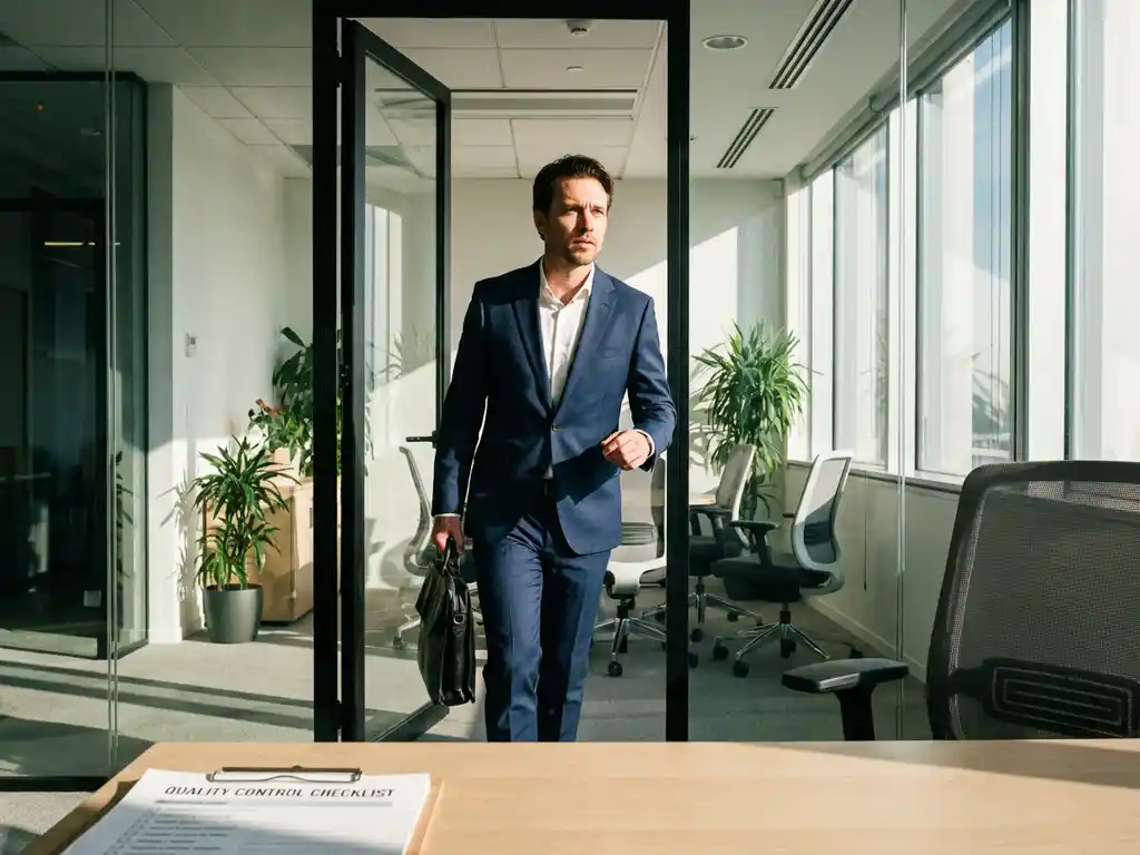 Professionele interim manager in pak stapt zelfverzekerd door kantoor met aktetas, moderne werkomgeving met glazen wanden