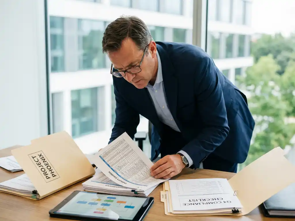 Interim manager bekijkt kwaliteitscontrole documenten aan modern bureau met projectmappen en tablet in helder kantoor