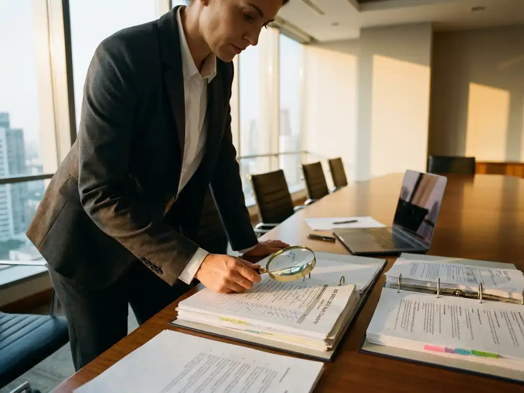 Professionele auditor onderzoekt ISO 27001 certificeringsdocumenten met vergrootglas in moderne kantooromgeving