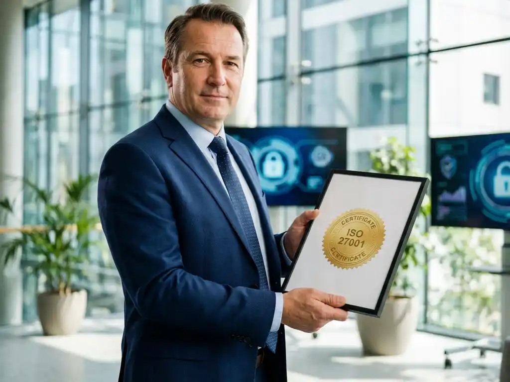 Zakelijke executive toont ISO 27001 certificaat in modern kantoor met beveiligingsmonitoren op achtergrond