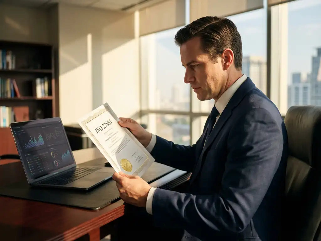 Zakelijke executive bekijkt ISO 27001 certificaat aan bureau met laptop met cybersecurity dashboard op scherm