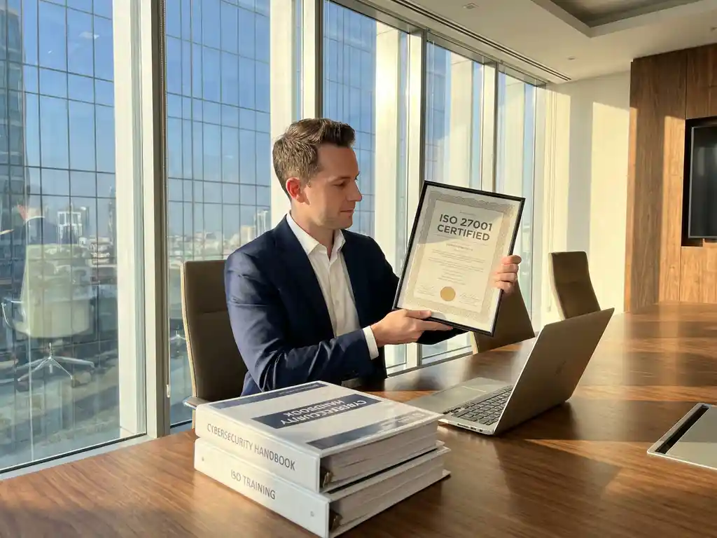 Zakenpersoon toont ISO 27001 certificaat aan moderne vergadertafel met cybersecurity handboeken en laptop