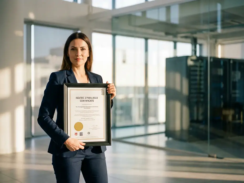 Zakenvrouw toont ISO 27001 certificaat in modern kantoor met serverracks op de achtergrond