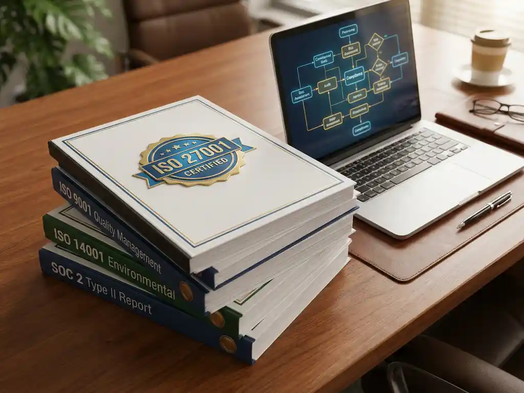 ISO 27001 certificeringsdocumenten gestapeld op professioneel bureau naast laptop met workflow diagrammen