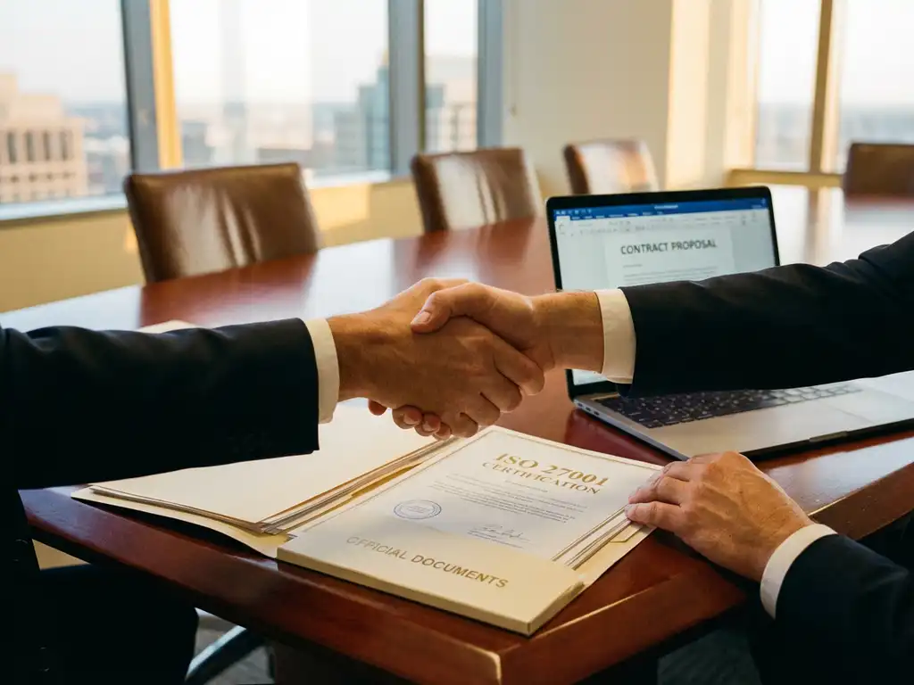 Zakenlieden schudden handen boven mahonie tafel met ISO 27001 certificering en laptop met contractvoorstel