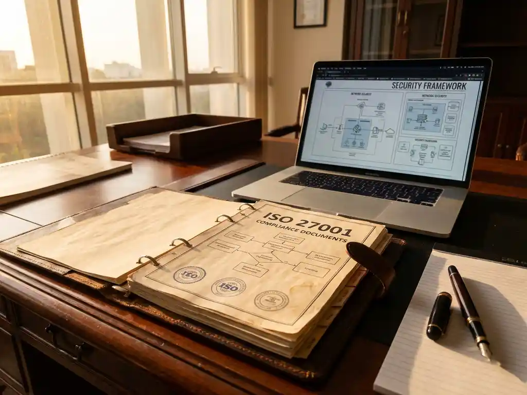 ISO 27001 certificeringsmap op bureau met laptop met beveiligingsdiagrammen en officiële zegel