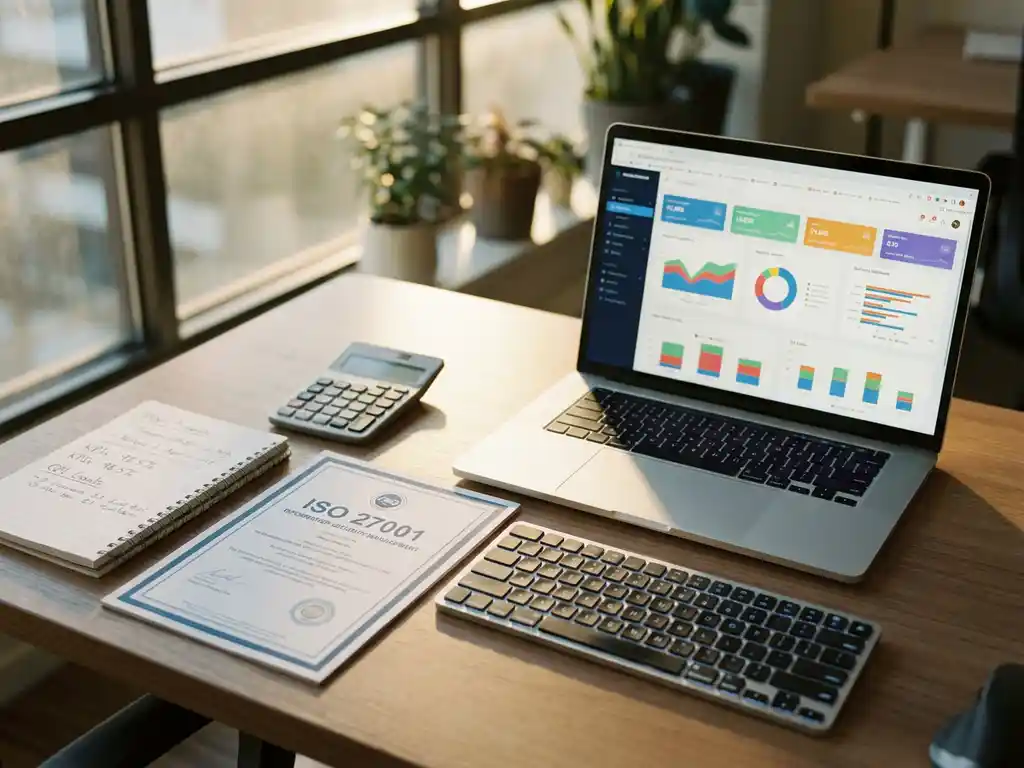 Laptop toont kleurrijke dashboard grafieken op modern bureau met ISO 27001 certificaat, calculator en notitieblok