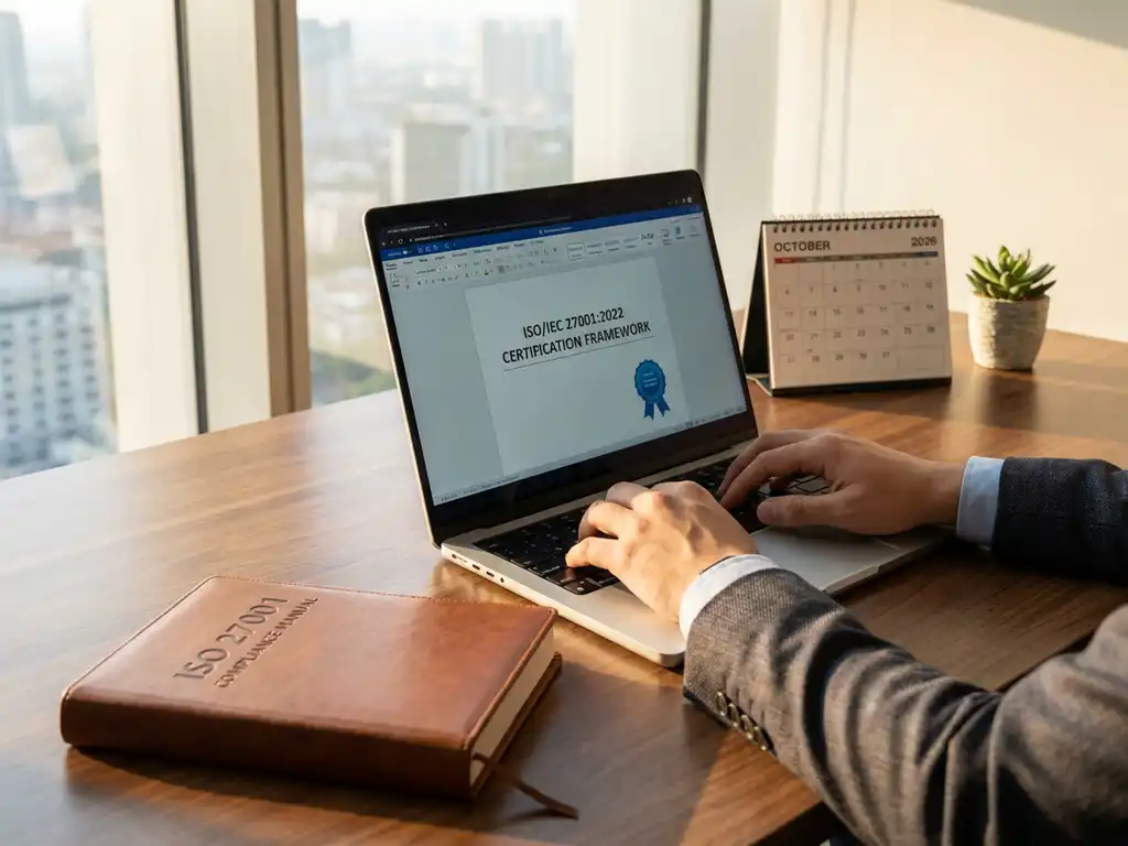 Professional aan het typen op laptop met ISO 27001 certificeringsdocumenten op scherm, naast handboek en 2026 kalender