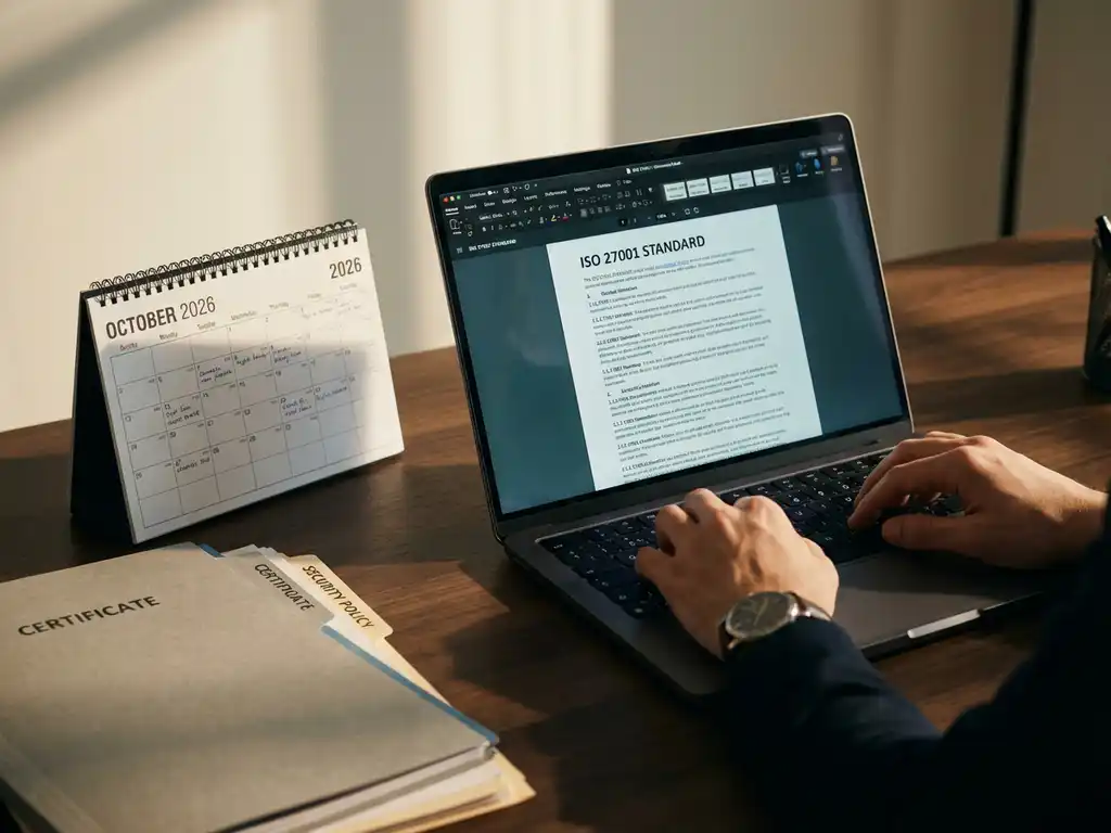 Professionele handen typen ISO 27001 document op laptop, met 2026 kalender en certificeringspapieren op modern bureau