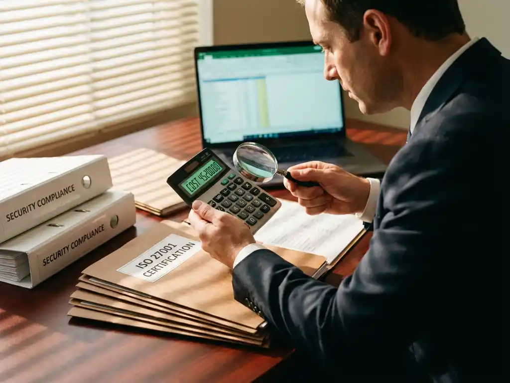 Zakenman berekent ISO 27001 certificeringskosten met calculator tussen compliance documenten op houten bureau