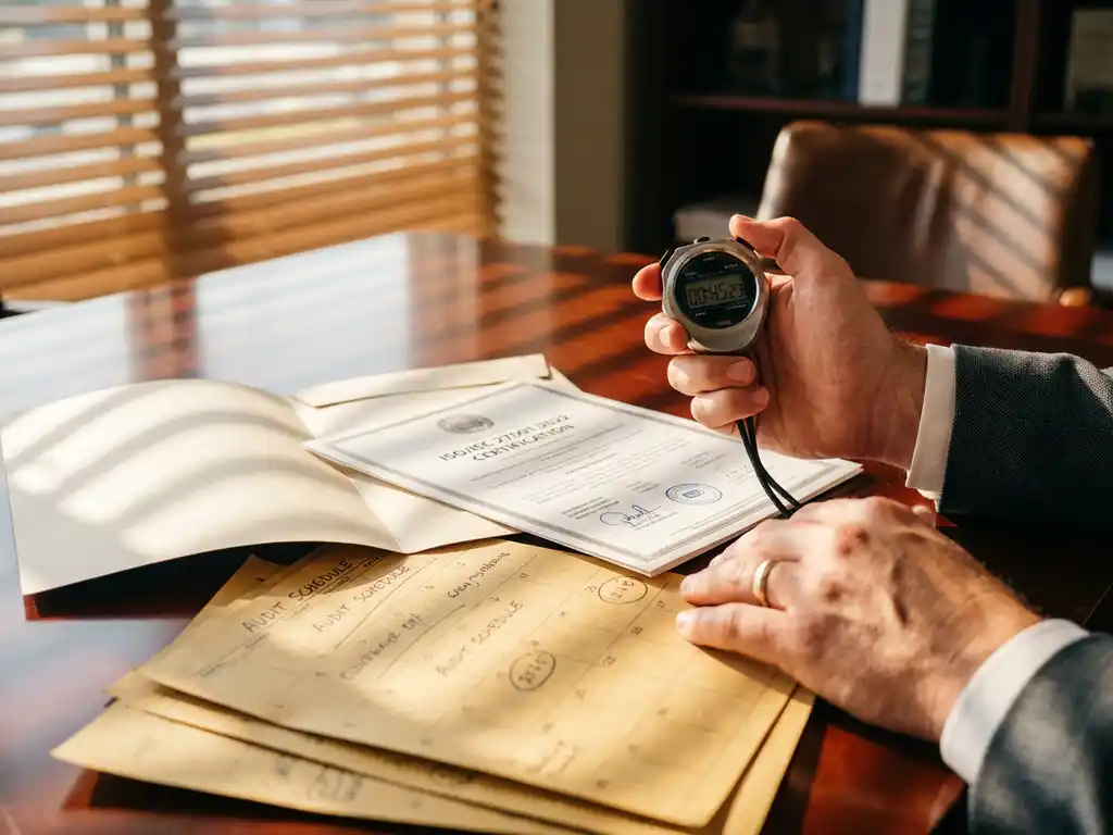 Bedrijfsconsultant houdt stopwatch boven ISO 27001 certificeringsdocument op vergadertafel met auditschema kalenders