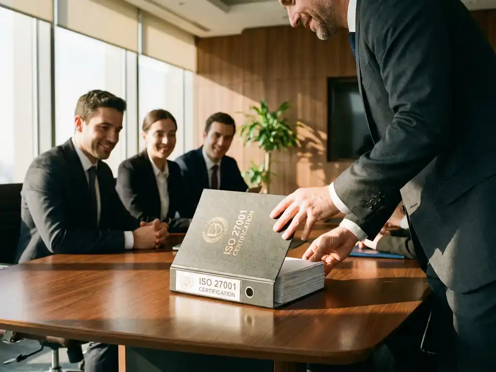 Uitvoerend directeur presenteert ISO 27001 certificering aan collega's tijdens zakelijke vergadering aan conferentietafel