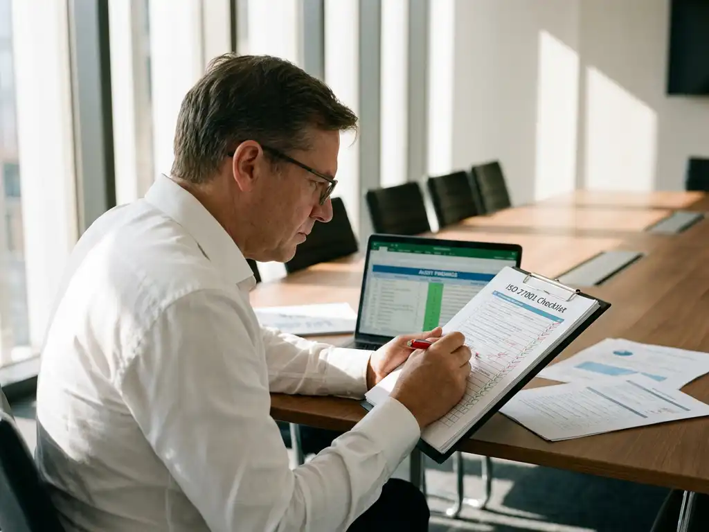 Bedrijfsconsultant bekijkt ISO 27001 compliance checklist met rode correcties en groene vinkjes op kantoor
