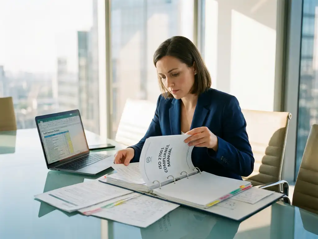 Professionele zakenvrouw bestudeert ISO 27001 compliance documenten aan moderne vergadertafel met laptop