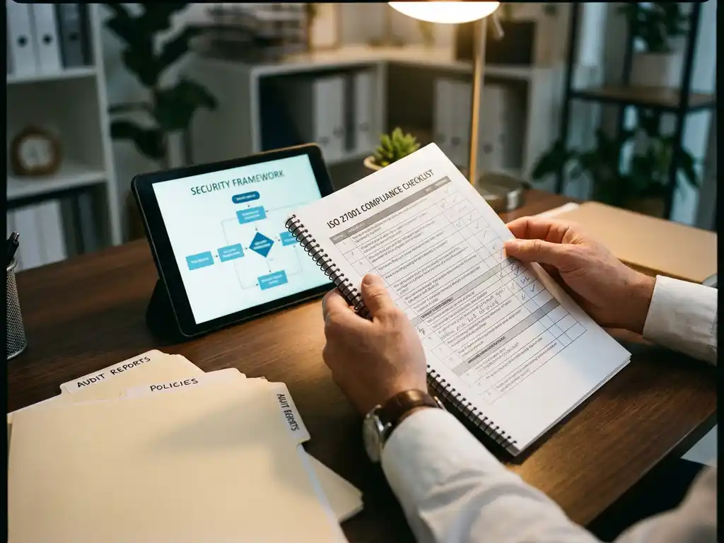 IT-consultant bekijkt ISO 27001 compliance checklist op bureau met tablet en beveiligingsdiagrammen