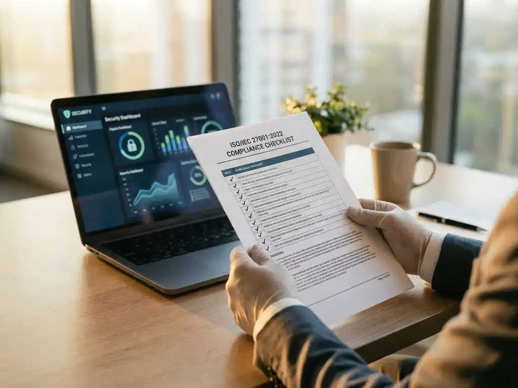 Professionele handen houden ISO 27001 compliance checklist vast op modern kantoorbureau met laptop op achtergrond