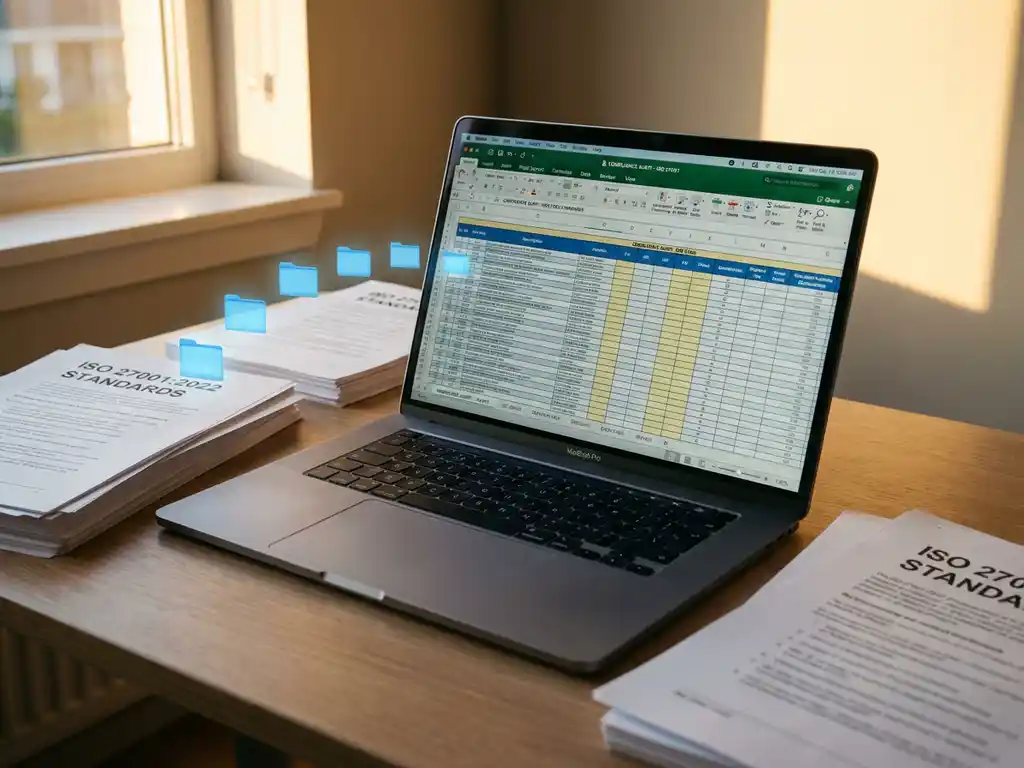 Laptop met ISO 27001 compliance spreadsheets op scherm, omringd door georganiseerde documentatiestapels op modern bureau