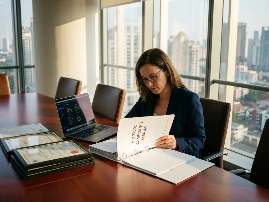Zakenvrouw bestudeert ISO 27001 handboek aan conferentietafel met laptop en certificeringsdocumenten in modern kantoor