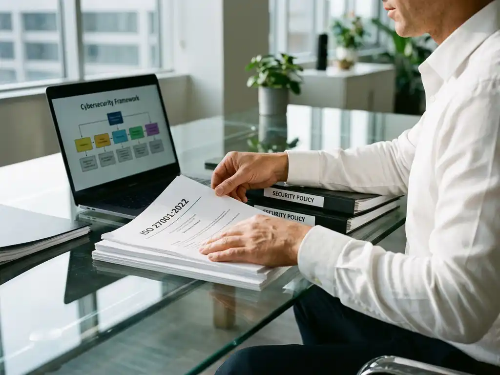Bedrijfsconsultant organiseert ISO 27001 certificeringsdocumenten op glazen bureau met laptop en beveiligingsbeleid mappen